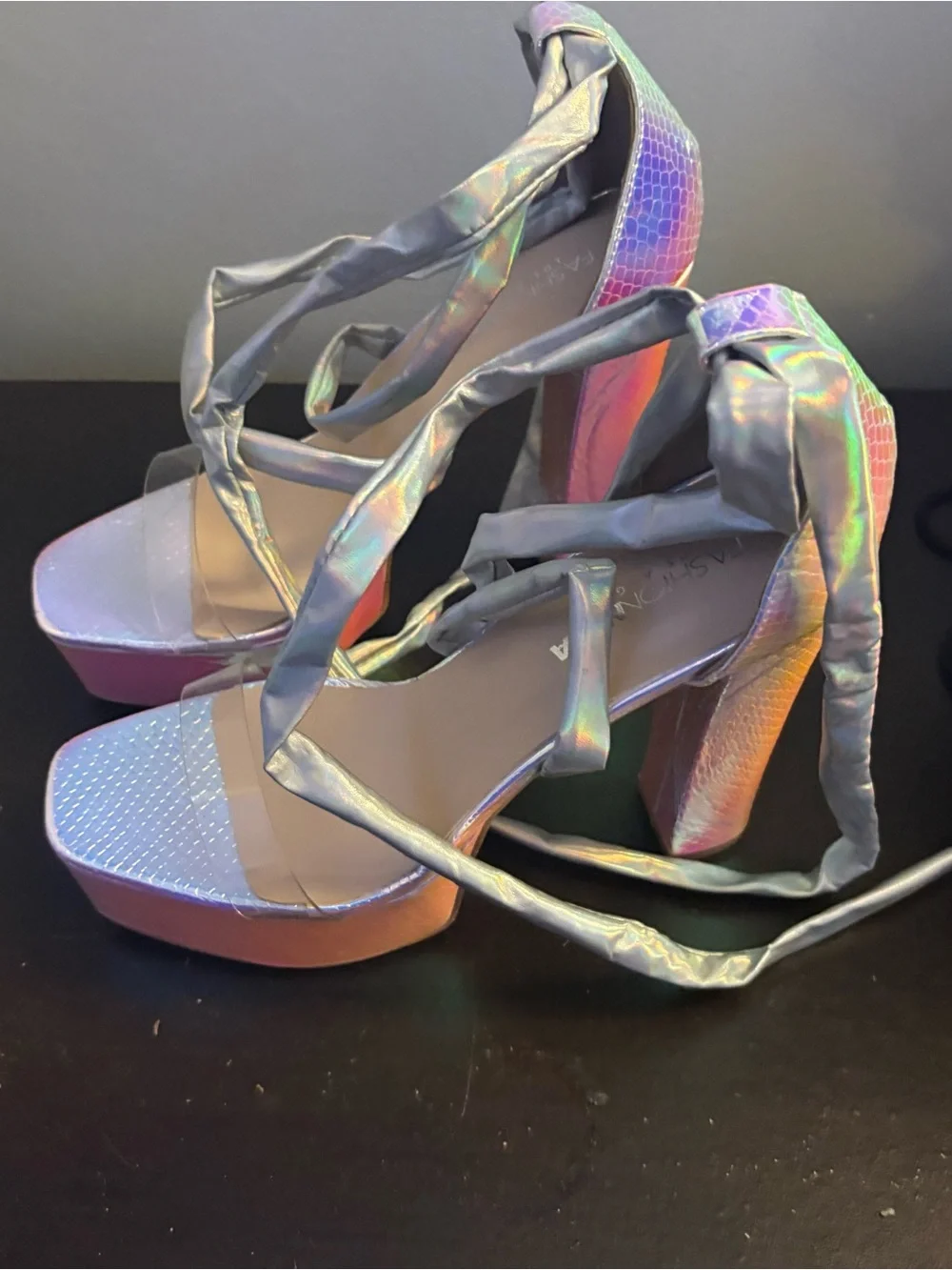 Fashion Nova Iridescent Lavender Tie-Strap Platform Sandals